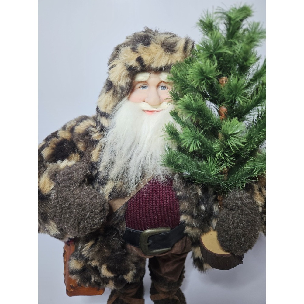 Woodland Santa Claus Figurine Leopard Print Faux‎ Fur Coat Christmas Tree Rustic - Picture 2 of 8